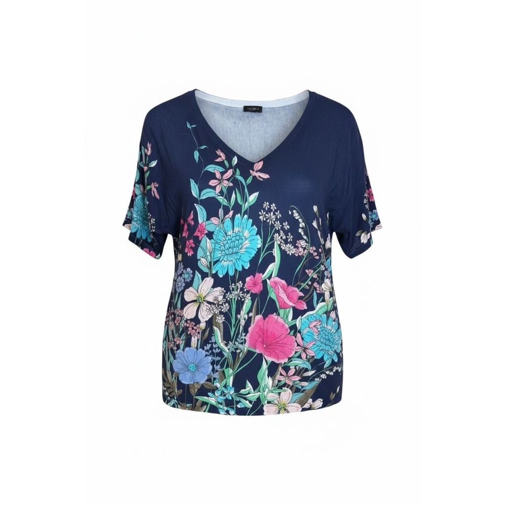 Talbots NWOT Floral Cotton Blend V-Neck Dolman Sleeve Sweater Navy Pink Size XS